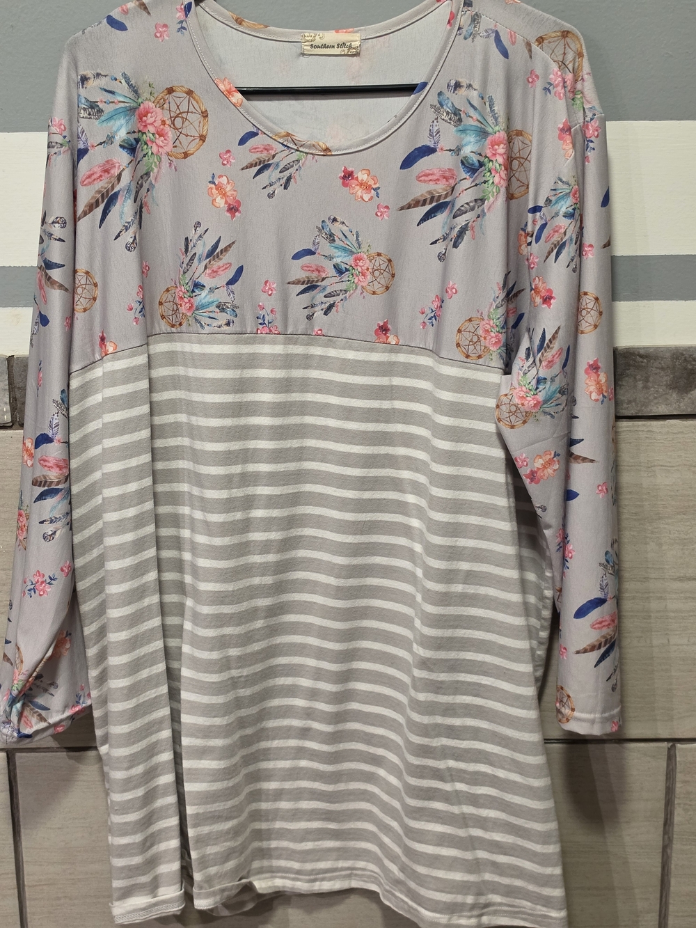 Southern Stitch Lavender Floral & Gray Stripe Long Sleeve Top
